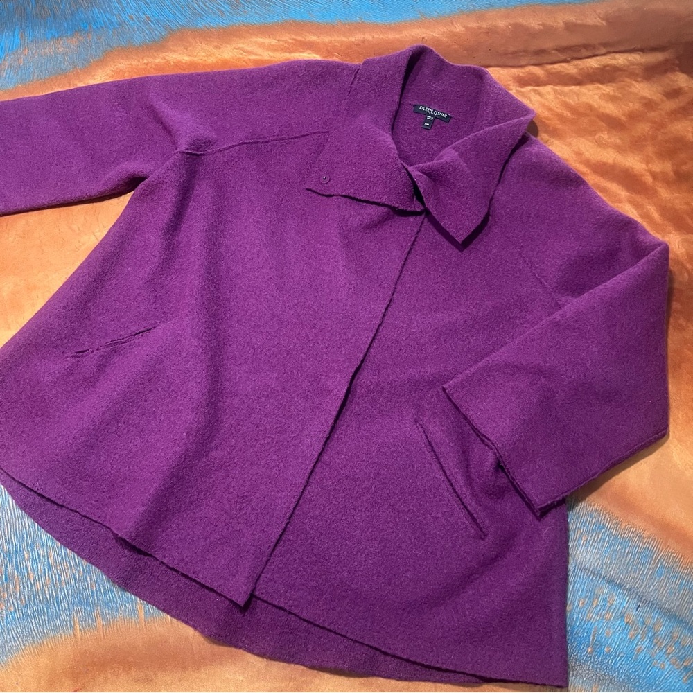 Eileen Fisher Boiled Wool long sleeve snap front Jacket purple unlined PM